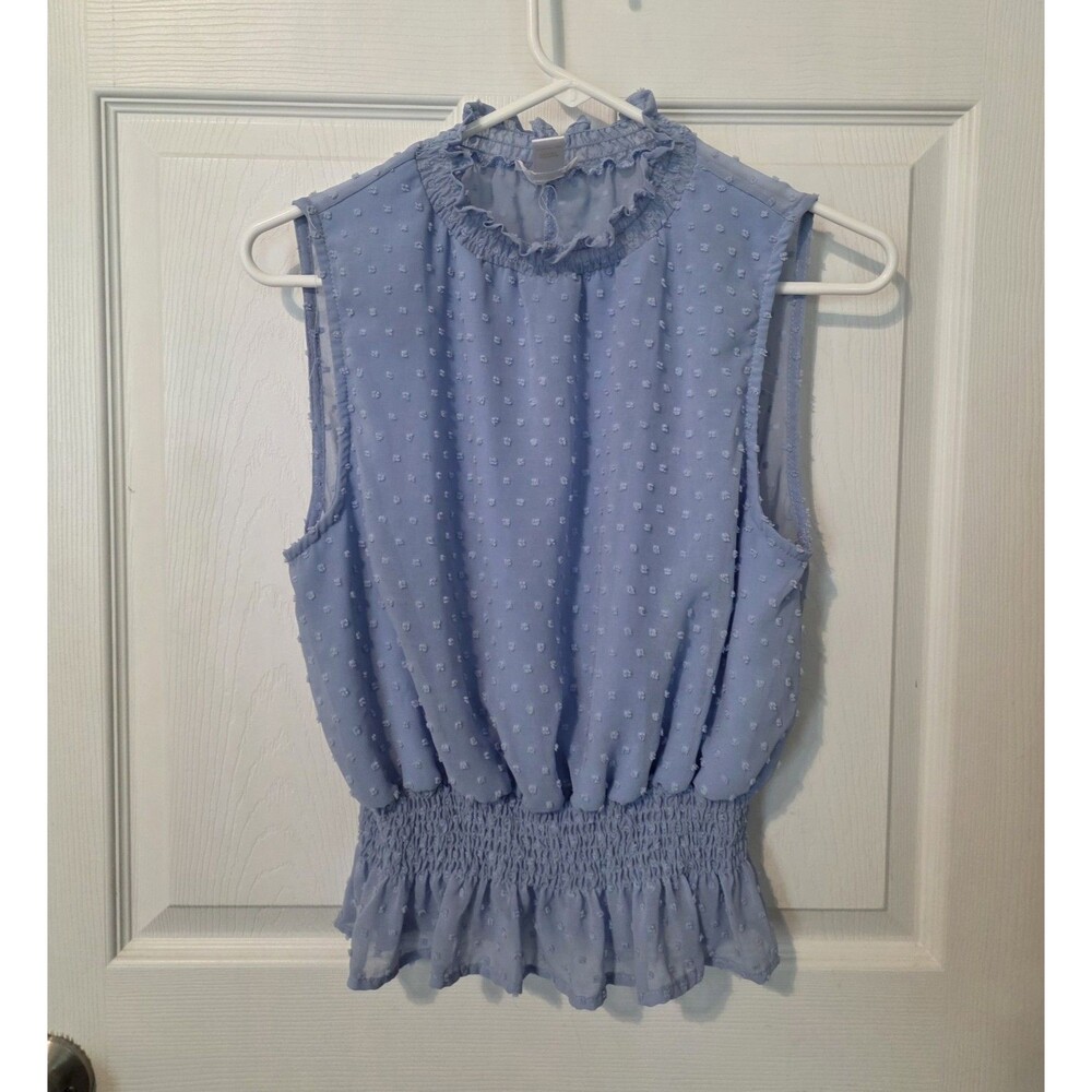 Revamped Top Juniors Womens L Blue Dotted Swiss Shirred Waist And High Neck